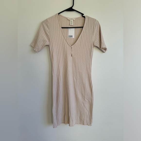 Cream Ribbed Button Mini Dress - Picture 1 of 4